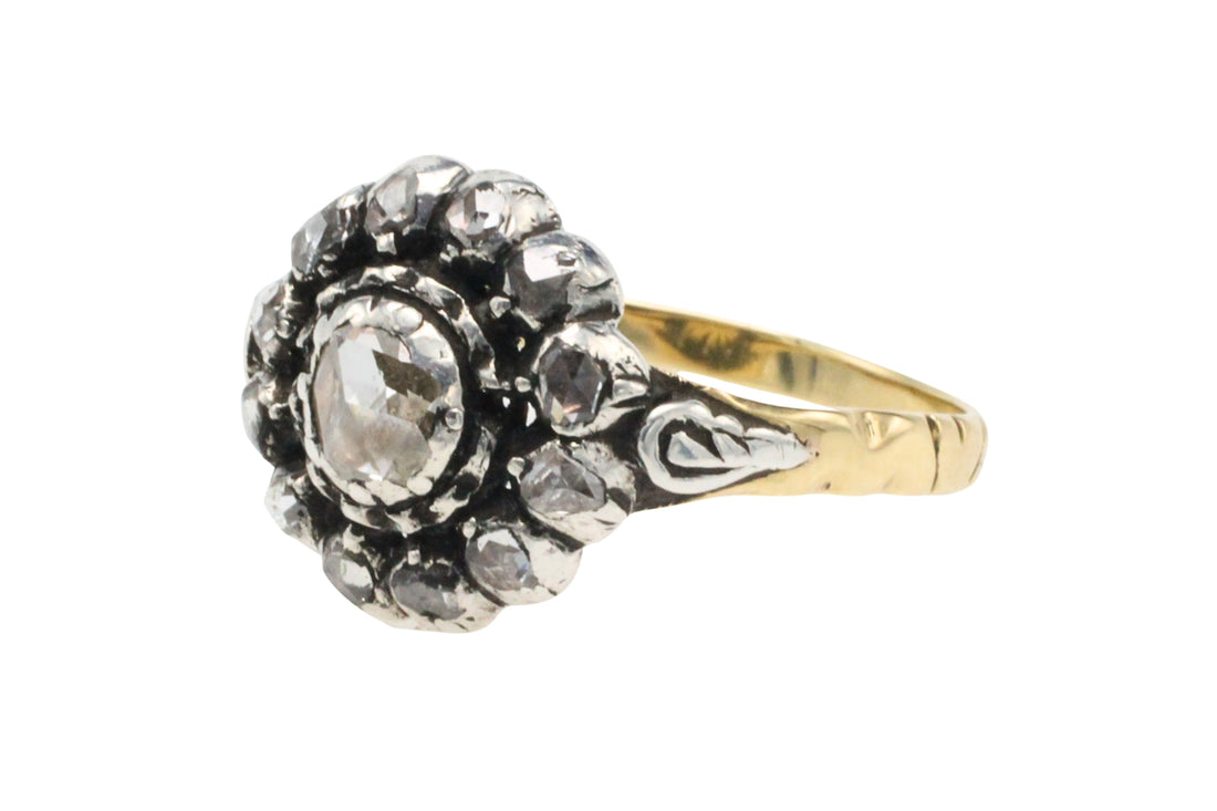 Rose diamond cluster ring in silver and gold