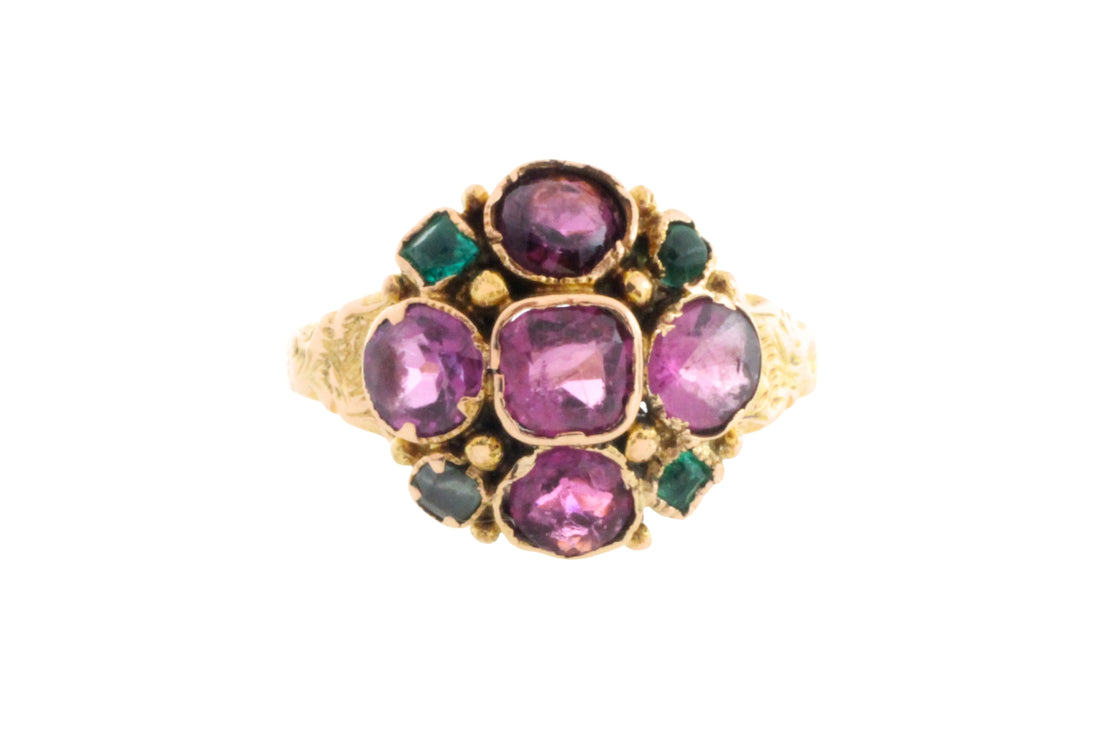 Victorian garnet and emerald cluster ring
