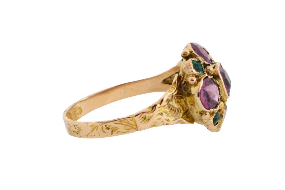 Victorian garnet and emerald cluster ring