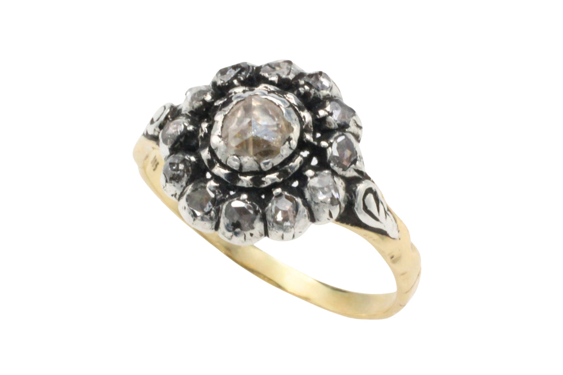 Rose diamond cluster ring in silver and gold