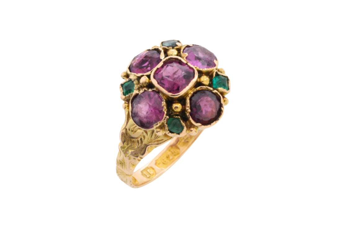 Victorian garnet and emerald cluster ring