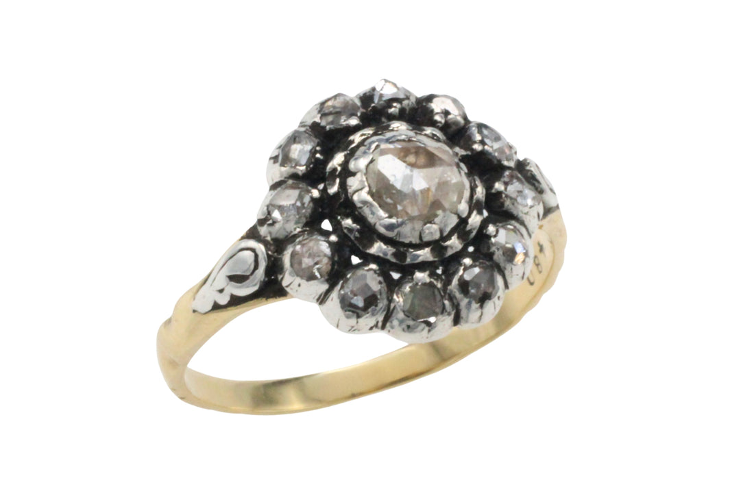 Rose diamond cluster ring in silver and gold