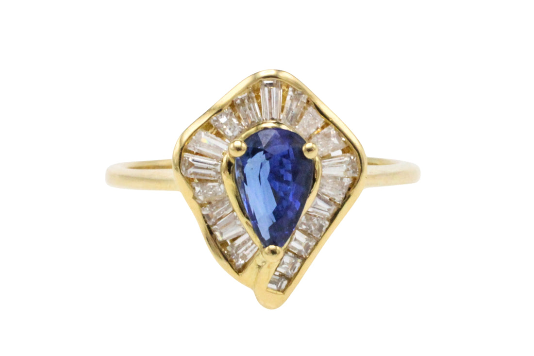Baguette cut sapphire and diamond ring-Vintage Rings-The Antique Ring Shop