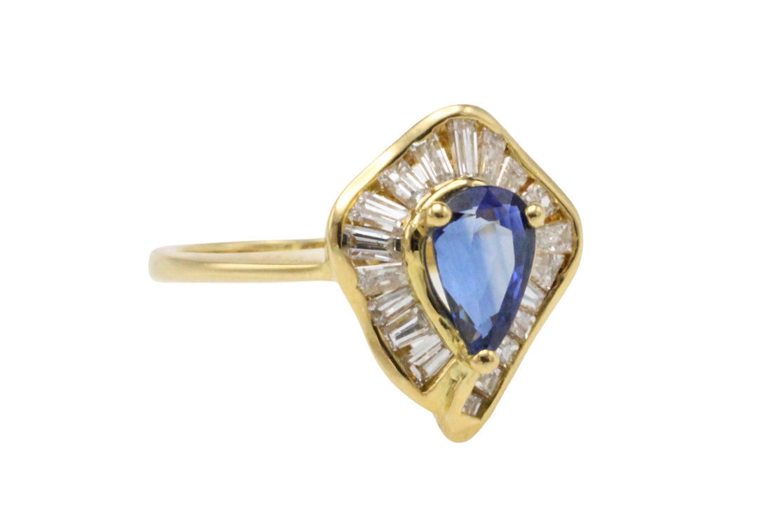 Baguette cut sapphire and diamond ring-Vintage Rings-The Antique Ring Shop