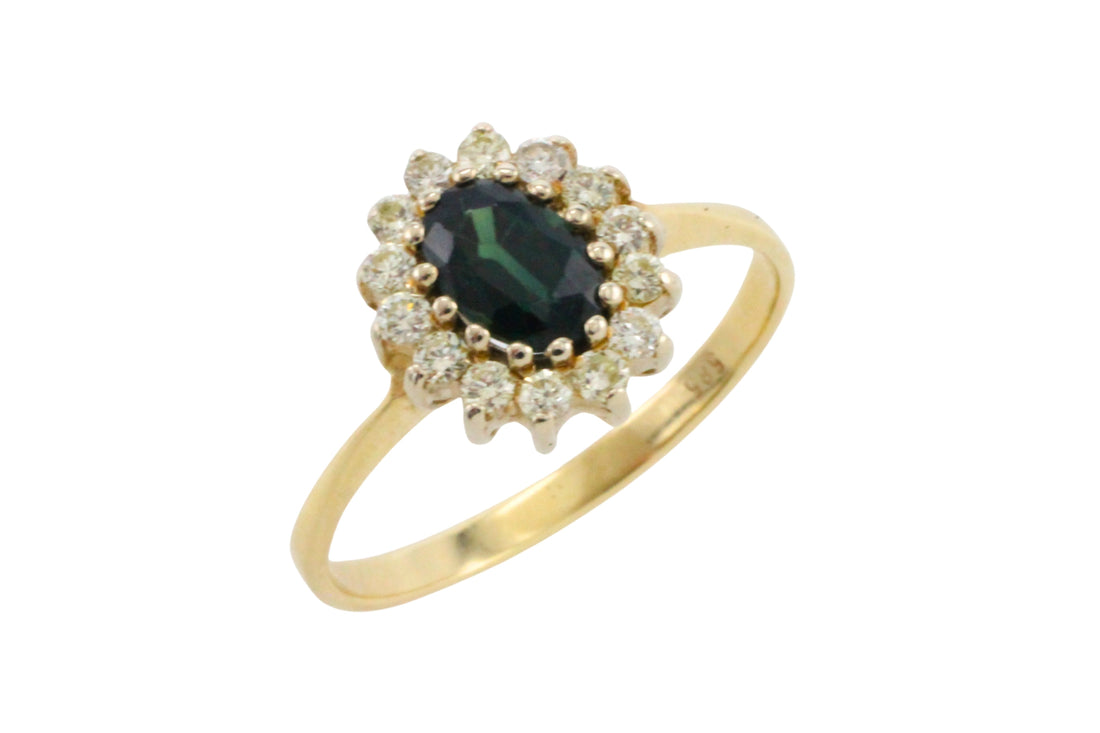 Sapphire and diamond cluster ring in 14 carat gold