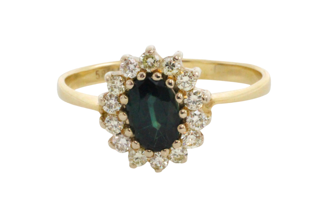 Sapphire and diamond cluster ring in 14 carat gold