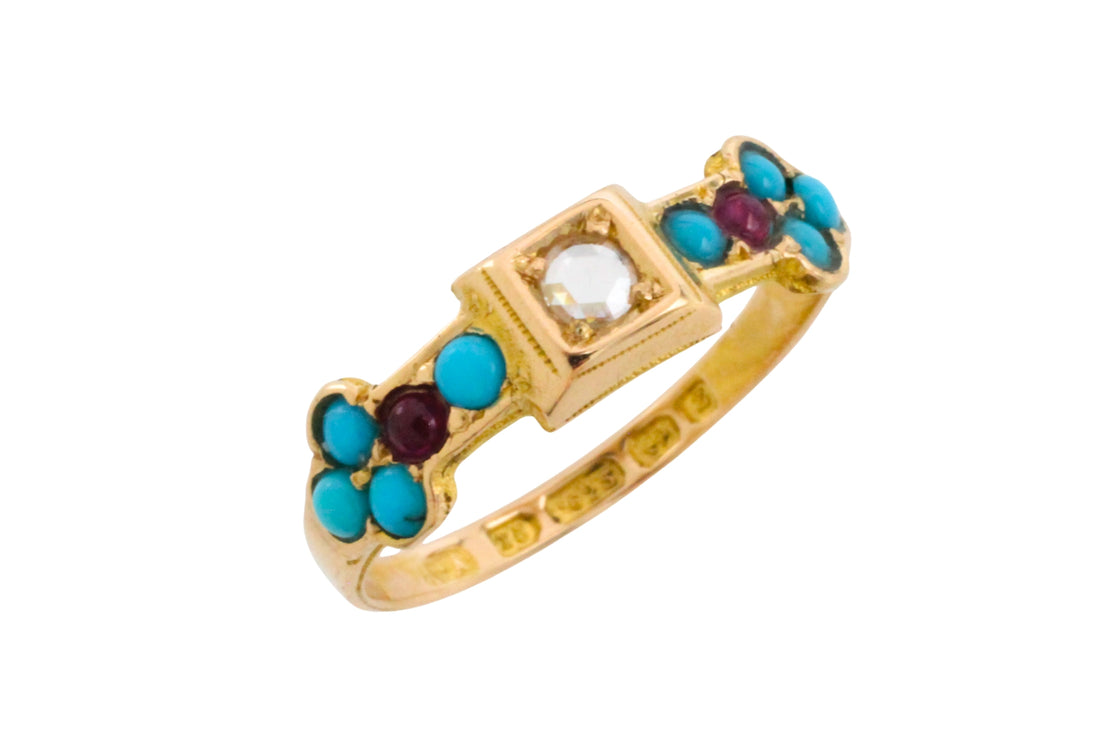 Victorian rose diamond, ruby and turquise ring from 1874