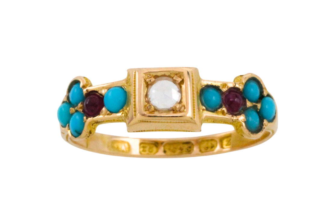 Victorian rose diamond, ruby and turquise ring from 1874