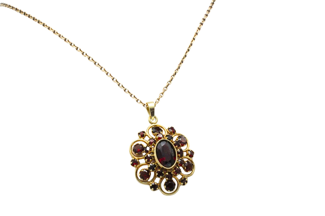 Garnet pendant with chain in 14 carat gold-Pendants-The Antique Ring Shop