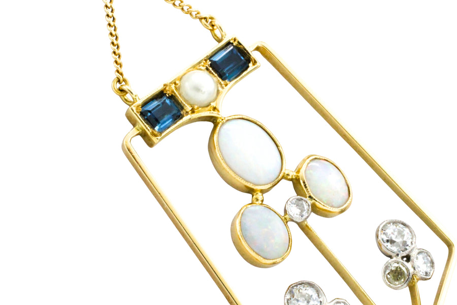 Edwardian diamond, opal, sapphire and pearl pendant-Pendants-The Antique Ring Shop