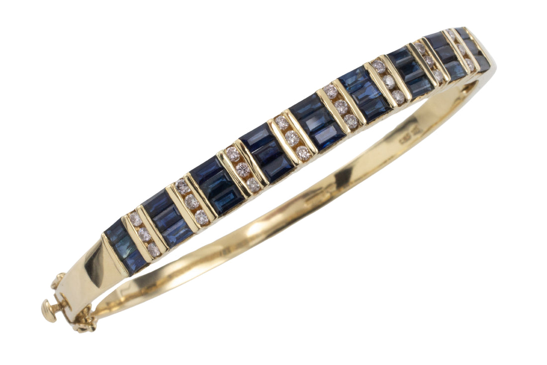 Sapphire and dimaond hinged bracelet in 14 carat gold-Bracelets-The Antique Ring Shop