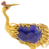 14 carat gold brird brooch with lapis lazuli, ruby and tourmaline stones-Brooches-The Antique Ring Shop