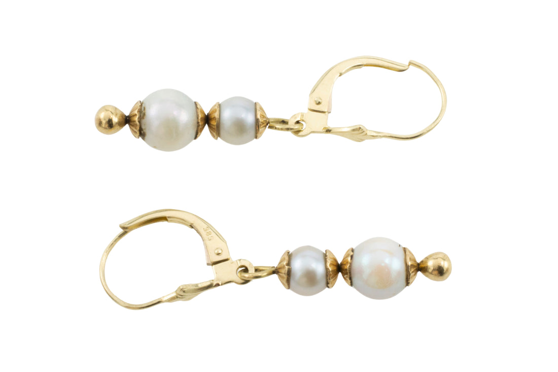 Pearl pendant earrings in 14 carat gold-Earrings-The Antique Ring Shop