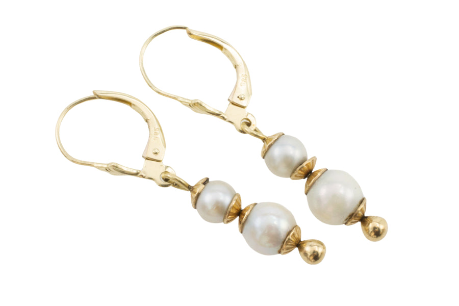 Pearl pendant earrings in 14 carat gold-Earrings-The Antique Ring Shop