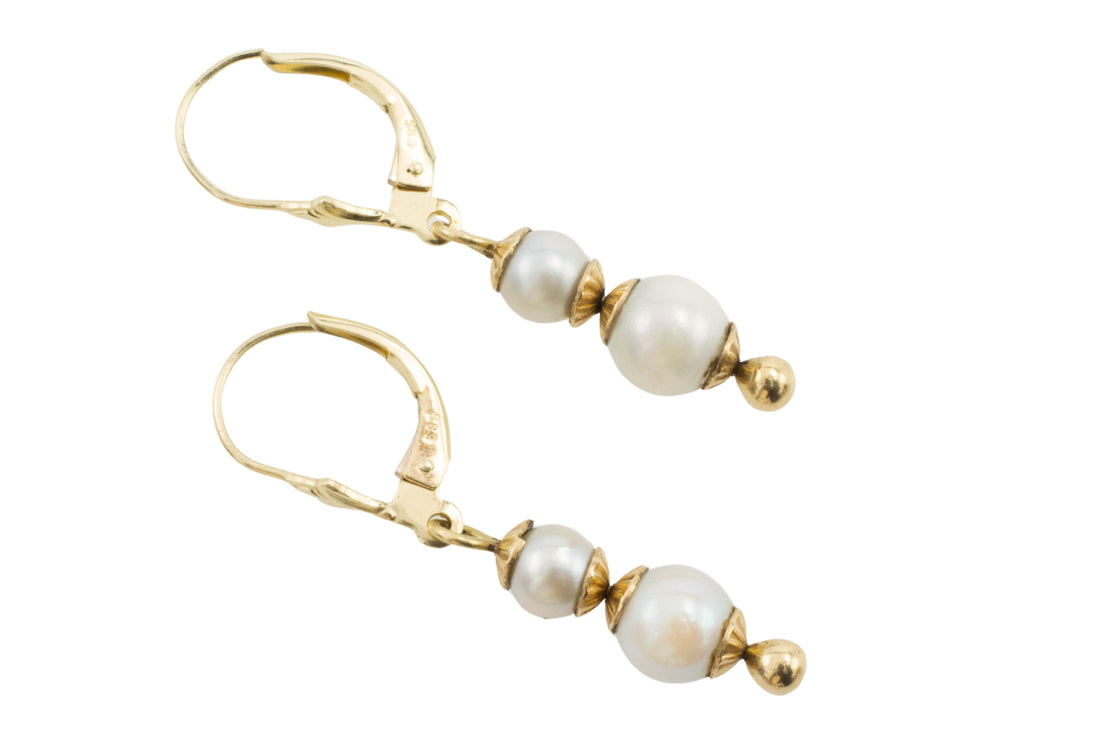 Pearl pendant earrings in 14 carat gold-Earrings-The Antique Ring Shop