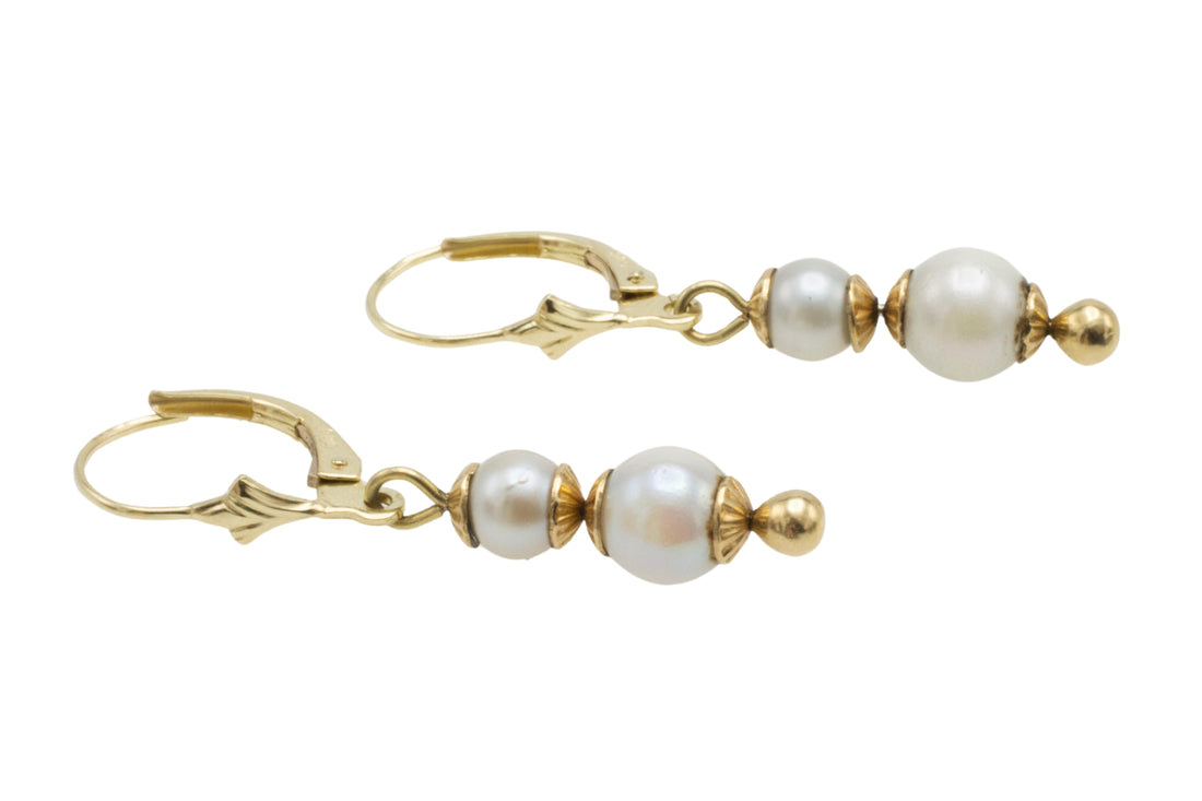 Pearl pendant earrings in 14 carat gold-Earrings-The Antique Ring Shop