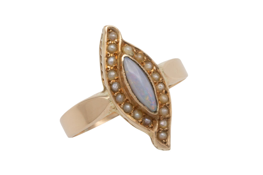 Marquise opal and seed pearl ring in 14 carat gold-Antique rings-The Antique Ring Shop