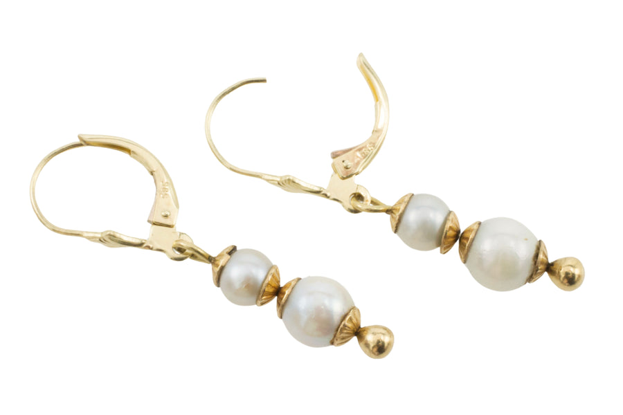 Pearl pendant earrings in 14 carat gold-Earrings-The Antique Ring Shop