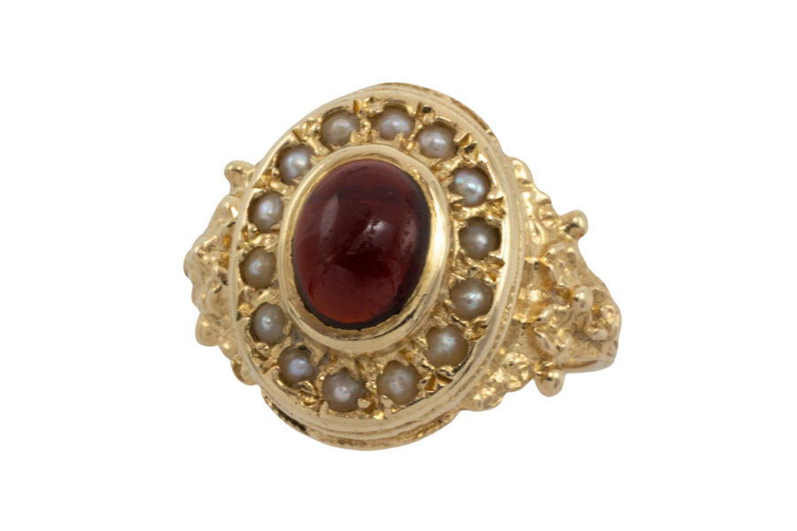 Cabochon garnet and pearl ring in 14 carat gold-Vintage Rings-The Antique Ring Shop