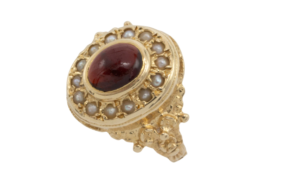 Cabochon garnet and pearl ring in 14 carat gold-Vintage Rings-The Antique Ring Shop