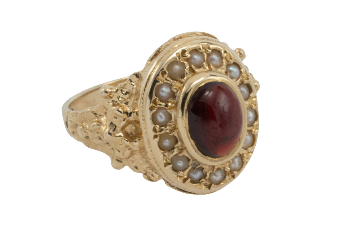 Cabochon garnet and pearl ring in 14 carat gold-Vintage Rings-The Antique Ring Shop