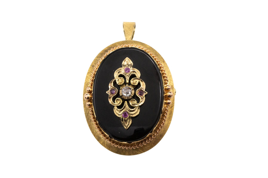 Antique gold pendant or brooch with onyx, a rose diamond and rubies in silver-Pendants-The Antique Ring Shop