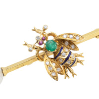 Emerald, diamond, ruby and pearl bee bar brooch-Brooches-The Antique Ring Shop