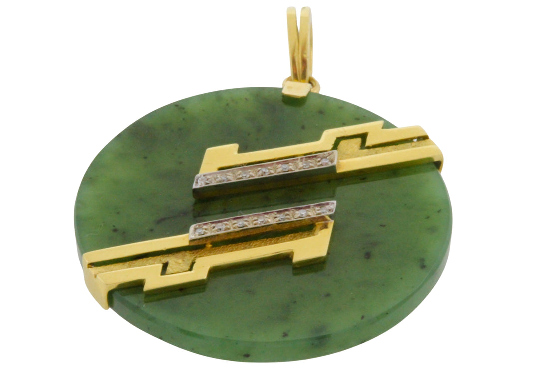 Jade pendant in 18 carat gold with diamonds-Pendants-The Antique Ring Shop