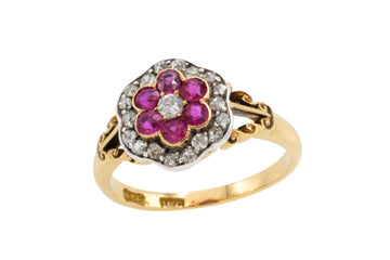 Edwardian old European cut diamond and ruby ring