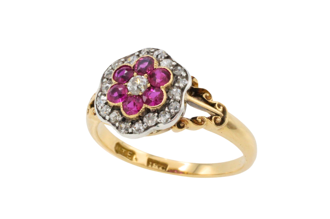 Edwardian old European cut diamond and ruby ring