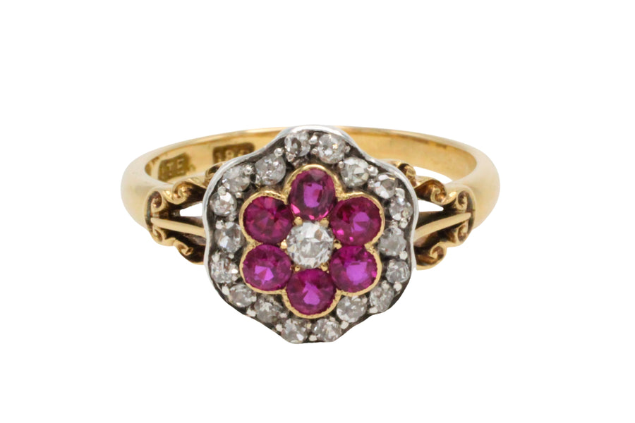 Edwardian old European cut diamond and ruby ring