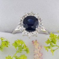 Sapphire and diamond cluster ring in white gold-engagement rings-The Antique Ring Shop