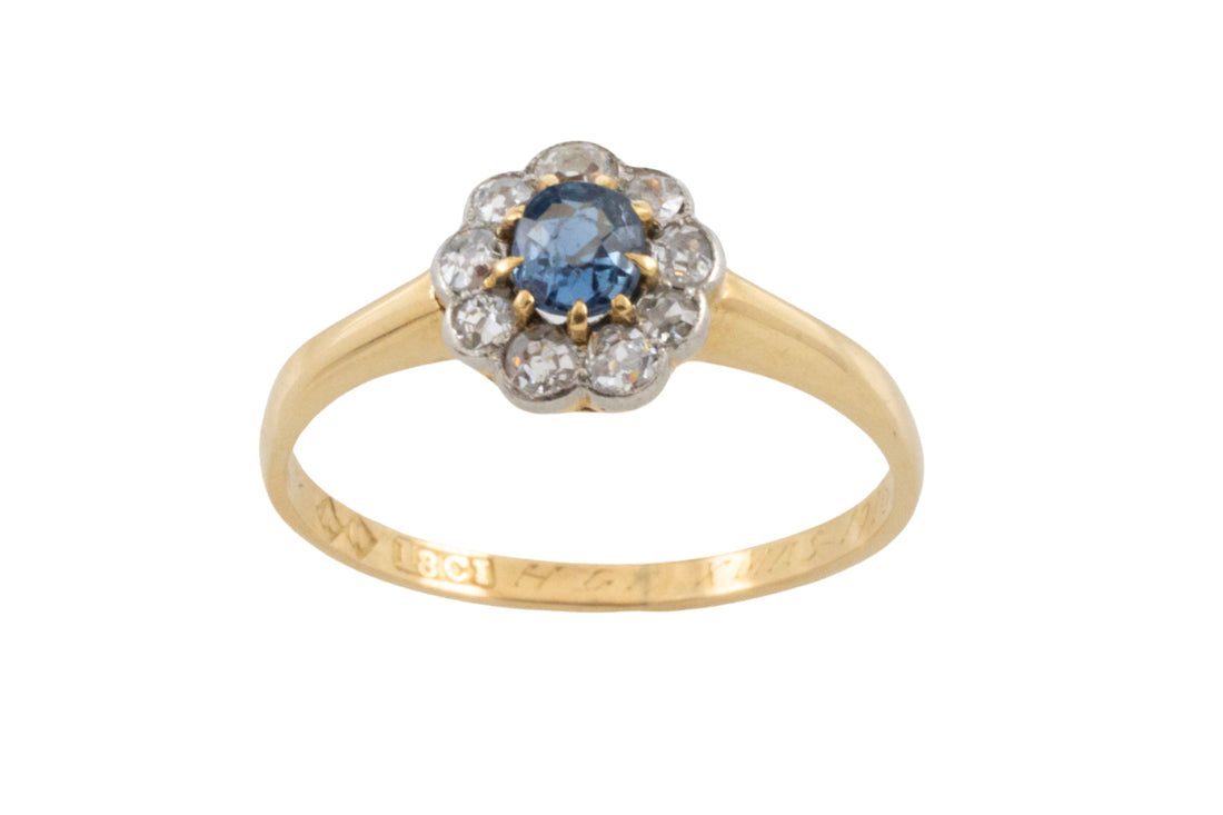 Edwardian sapphire and old cut diamond ring from 1916-engagement rings-The Antique Ring Shop