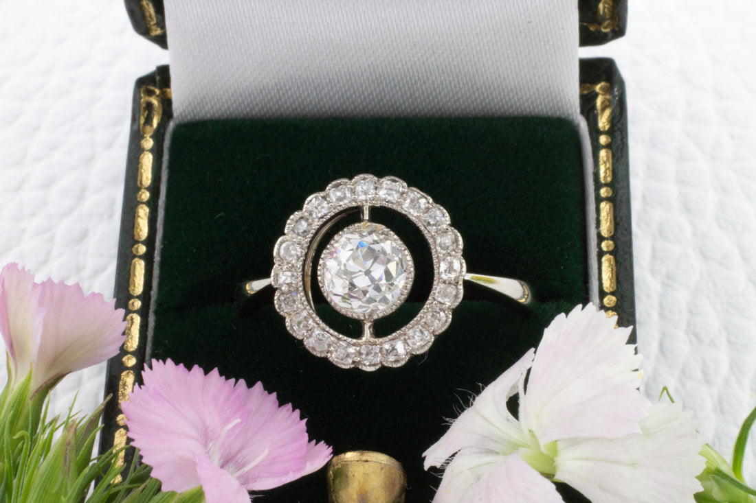 Platinum target ring with old cut diamonds-engagement rings-The Antique Ring Shop