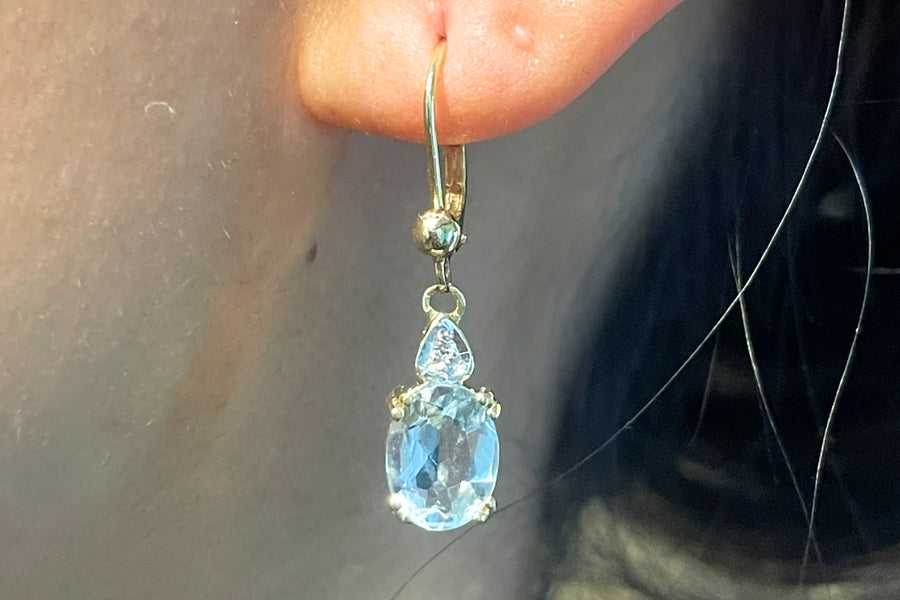 Aquamarine and diamond earrings in 14 carat gold-Earrings-The Antique Ring Shop