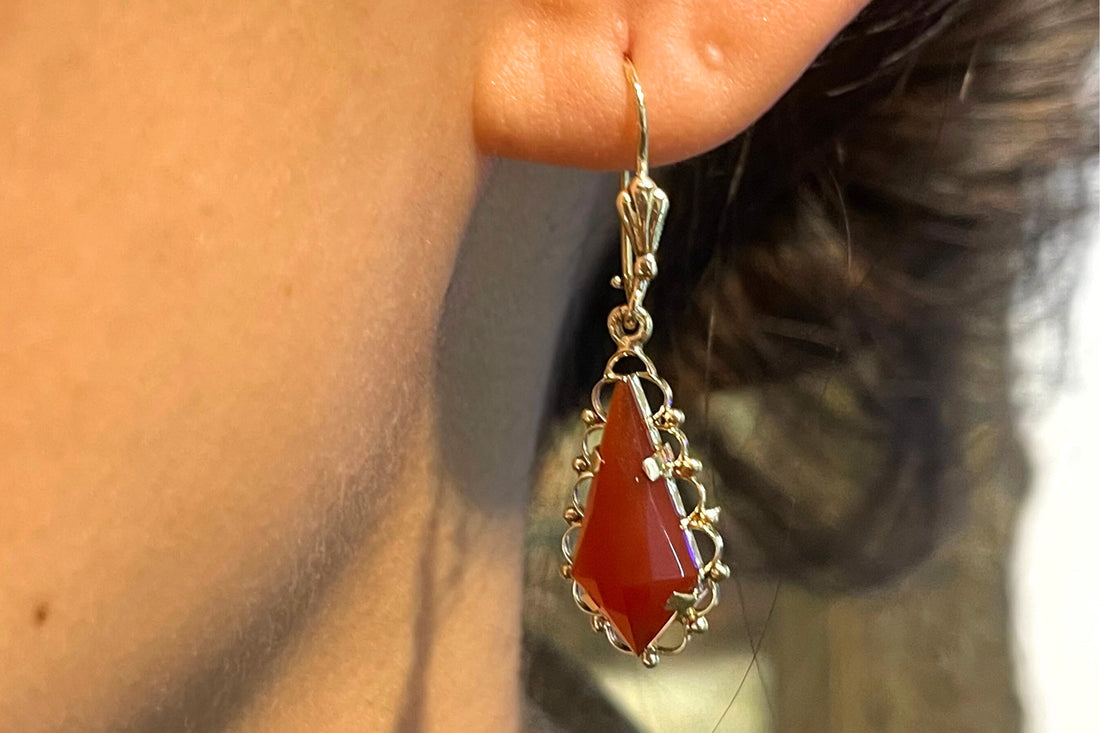 Carnelian pendant earrings in 14 carat gold-Earrings-The Antique Ring Shop