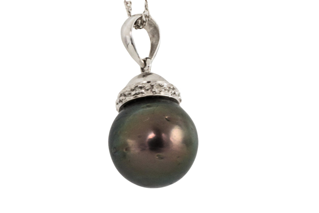 Black pearl and dimaond pendant in 18 carat gold-Pendants-The Antique Ring Shop