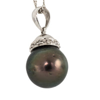 Black pearl and dimaond pendant in 18 carat gold-Pendants-The Antique Ring Shop