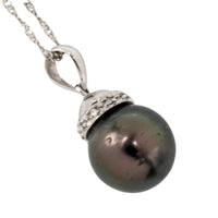 Black pearl and dimaond pendant in 18 carat gold-Pendants-The Antique Ring Shop