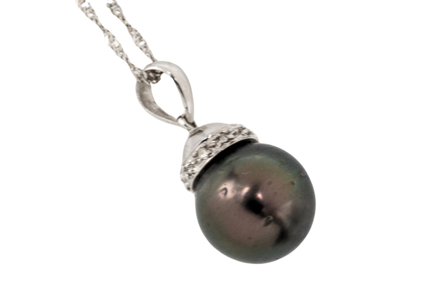 Black pearl and dimaond pendant in 18 carat gold-Pendants-The Antique Ring Shop