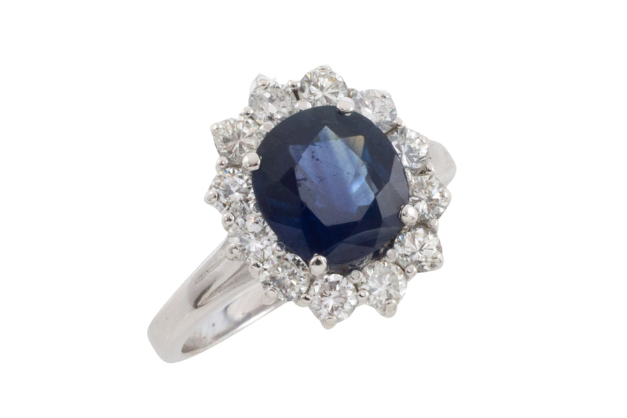 Sapphire and diamond cluster ring in white gold-engagement rings-The Antique Ring Shop