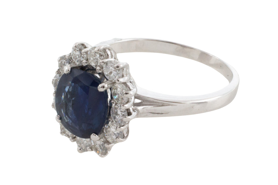 Sapphire and diamond cluster ring in white gold-engagement rings-The Antique Ring Shop