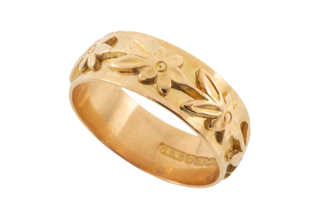 Vintage 22 carat gold band with flower motif-wedding rings-The Antique Ring Shop