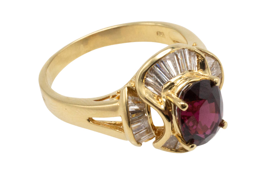 Baguette cut diamond ring with garnet-Vintage Rings-The Antique Ring Shop