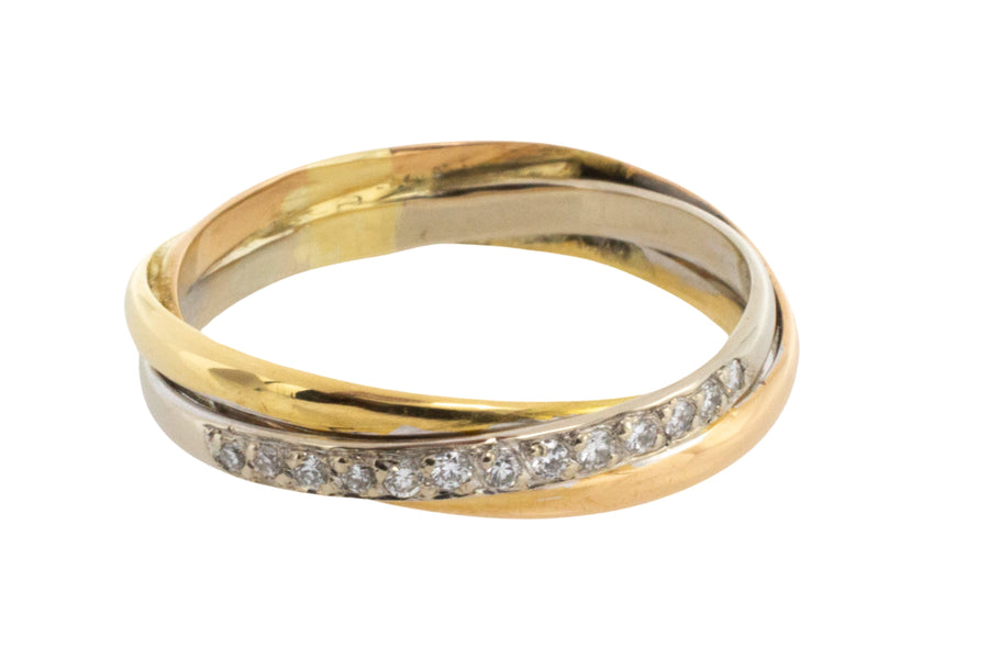 Tri color gold band with diamonds-vintage rings-The Antique Ring Shop