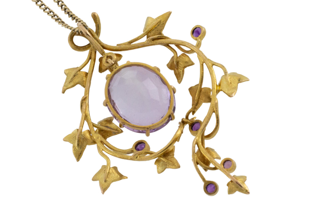 18 carat gold ivy pendant with amethyst-Pendants-The Antique Ring Shop