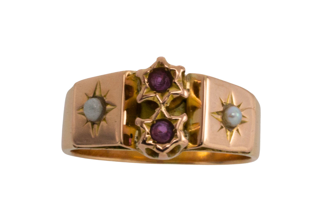 Pearl and ruby gypsy ring in 18 carat gold-Antique rings-The Antique Ring Shop