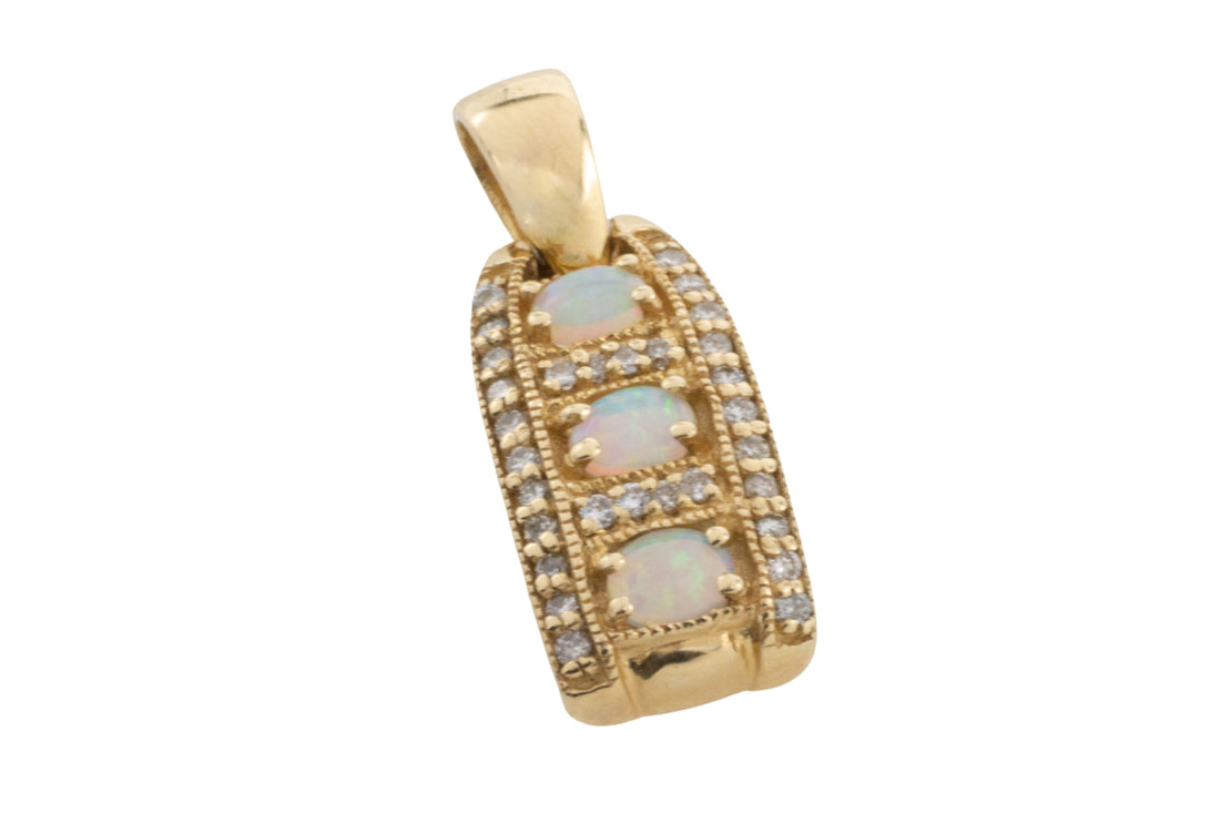 Opal and diamond pendant in 14 carta gold-Pendants-The Antique Ring Shop