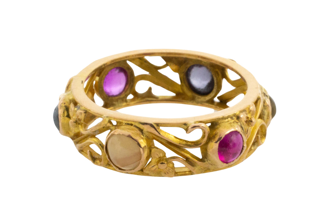 Gold filigree band with semi preciuous cabochon stones-wedding rings-The Antique Ring Shop