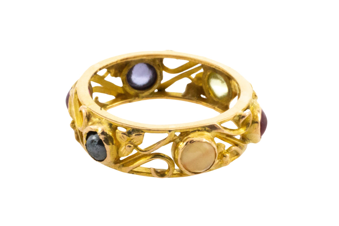 Gold filigree band with semi preciuous cabochon stones-wedding rings-The Antique Ring Shop